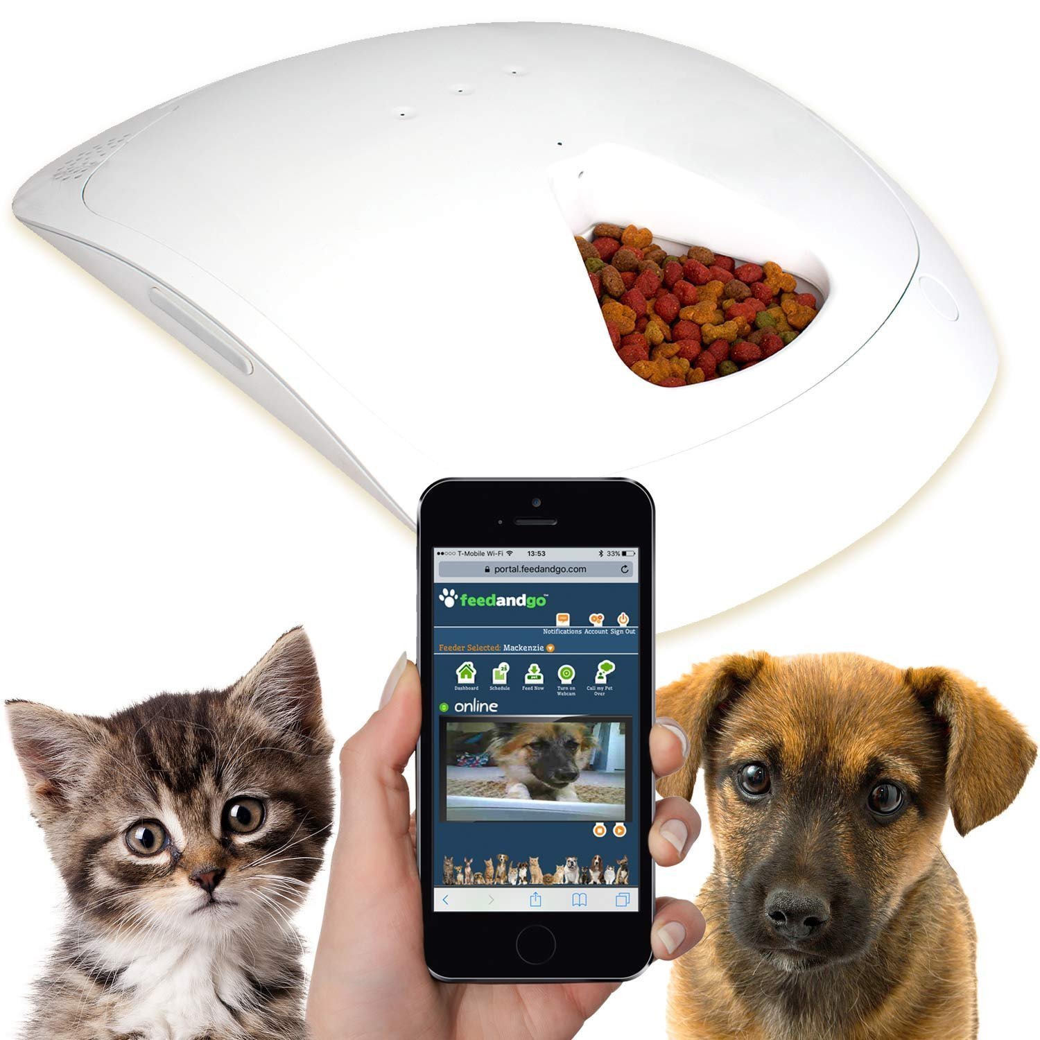 Feed and Go Smart Pet Feeder 2018 Model Now With iOS/Android Apps. Built In Webcam. For Wet/Dry Food, Treats & Meds