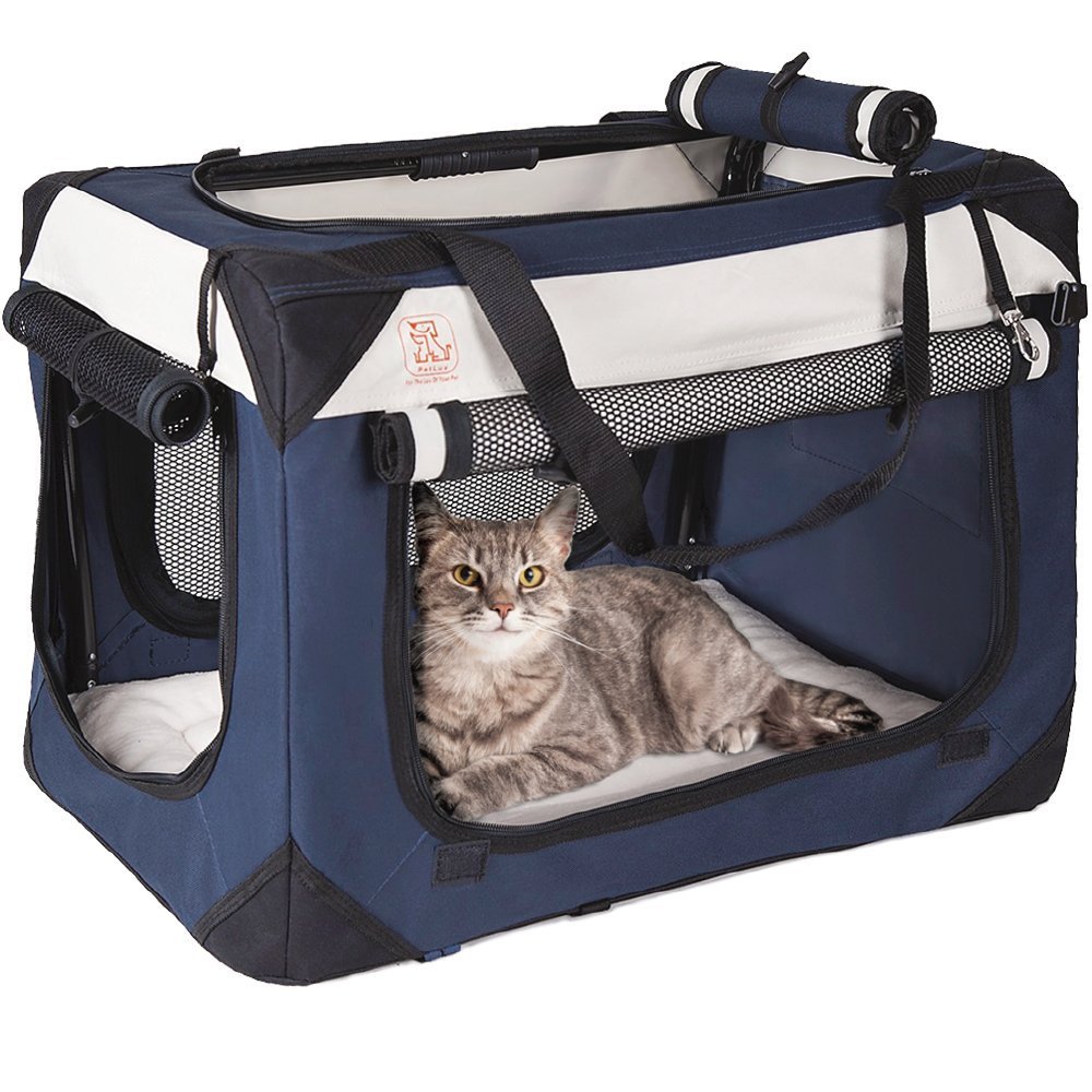 PetLuv Soothing "Happy Cat" Premium Soft Sided Cat Carrier & Travel Crate w Locking Zippers Comfy Plush Nap Pillow 4X Interior Room Airy Windows Sunroof Folds Flat Lightweight Washable Reduces Anxiety